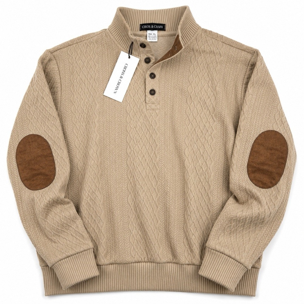 NWT Cross & Crown Men's XL Cable Knit Quarter Button Sweater Tan Elbow Patch